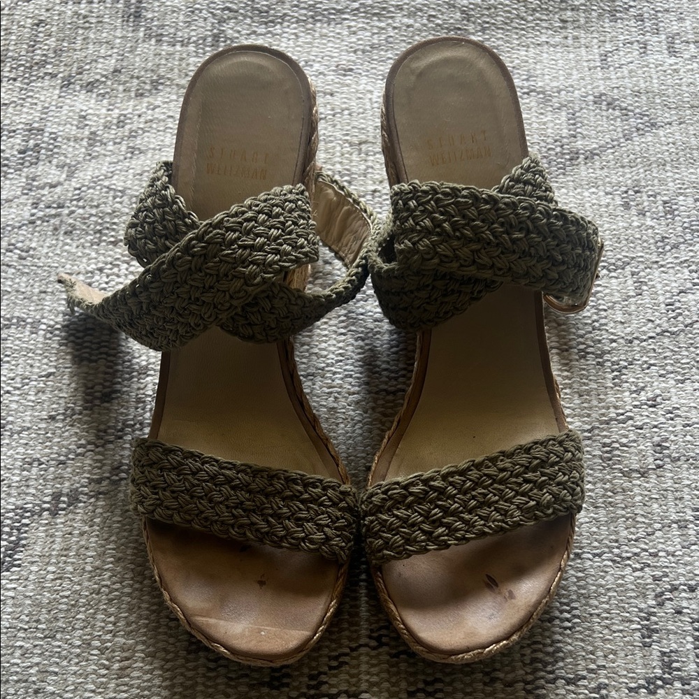 Stuart Weitzman Taupe Woven Ankle-Strap Wedge Sandals - Picture 5 of 16